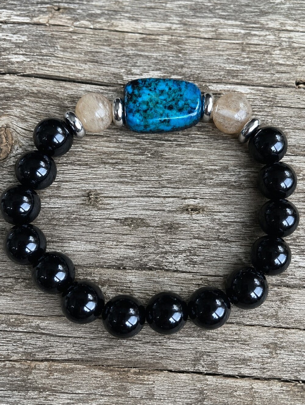 Chrysocolla  & Black Onyx Beaded Stretch Bracelet | Handmade